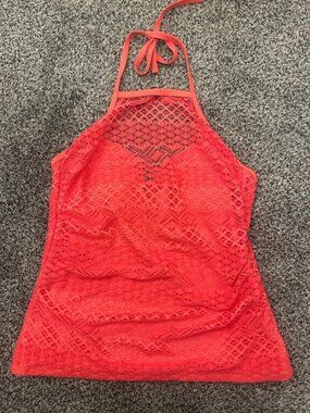 Island Escape Coral Lace Halter Tankini Top. Women’s 10.
